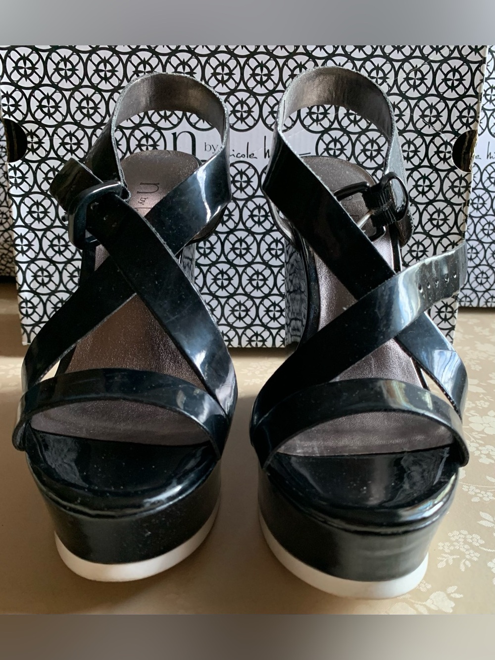 Black Patent Platform Wedge Sandals for Women 7.5
